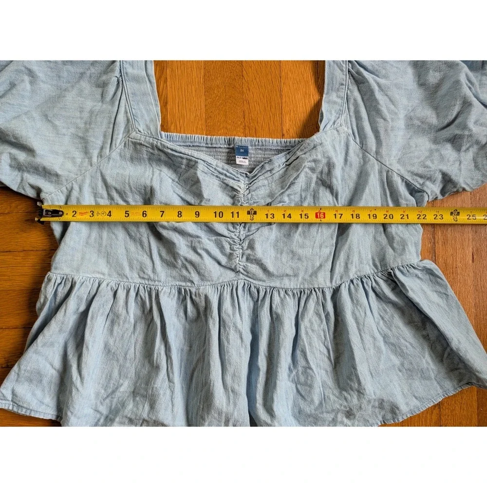 Old Navy 3X Denim Chambray Peasant Top Puff Sleeve Smocked Boho Prairie Cottage